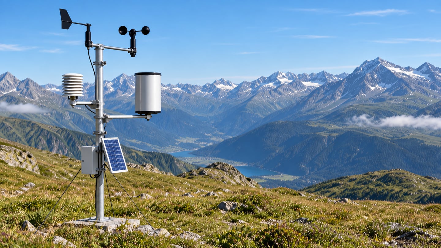 Automatische alpine Wetterstation mit Windmesser, Niederschlagsbehälter und Strahlungsschutz auf (mit AI erstelltes Bild)