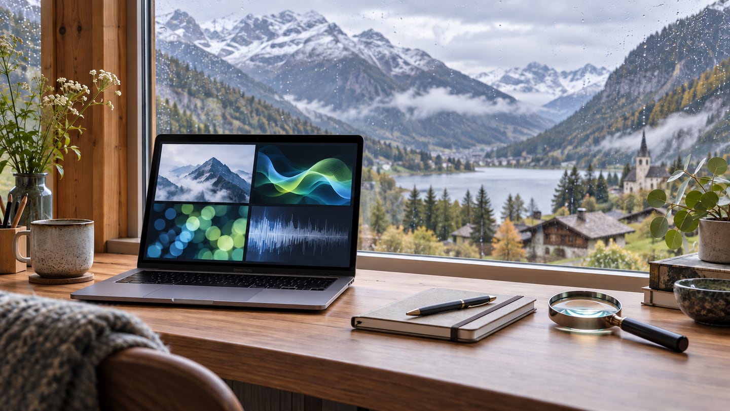 Redaktioneller Arbeitsplatz mit Laptop, abstrakten Bildfeldern und Lupe vor einem regennassen (mit AI erstelltes Bild)