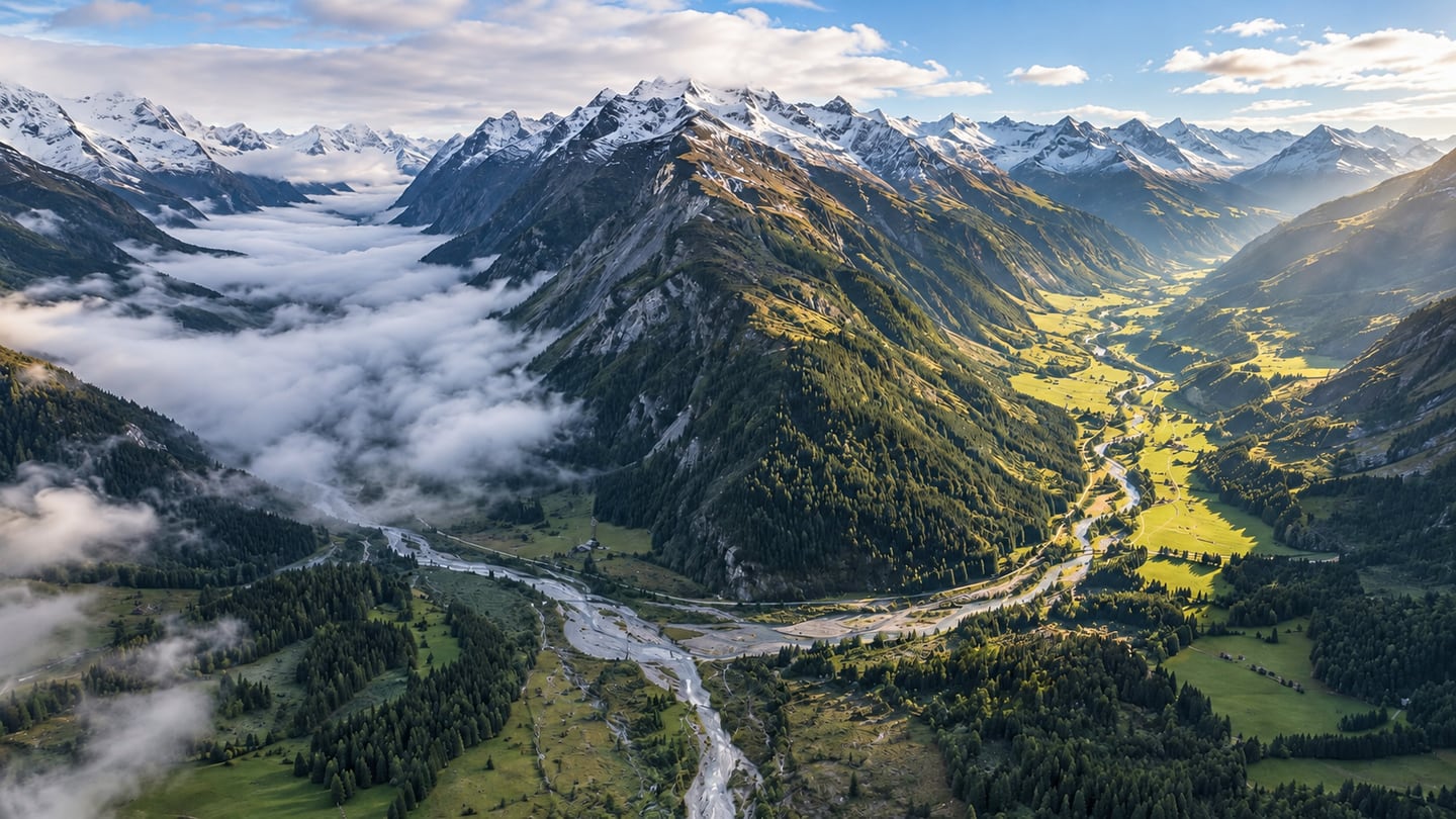 Zwei verzweigte alpine Täler in Graubünden, eines mit dichtem Talnebel und eines im hellen (mit AI erstelltes Bild)