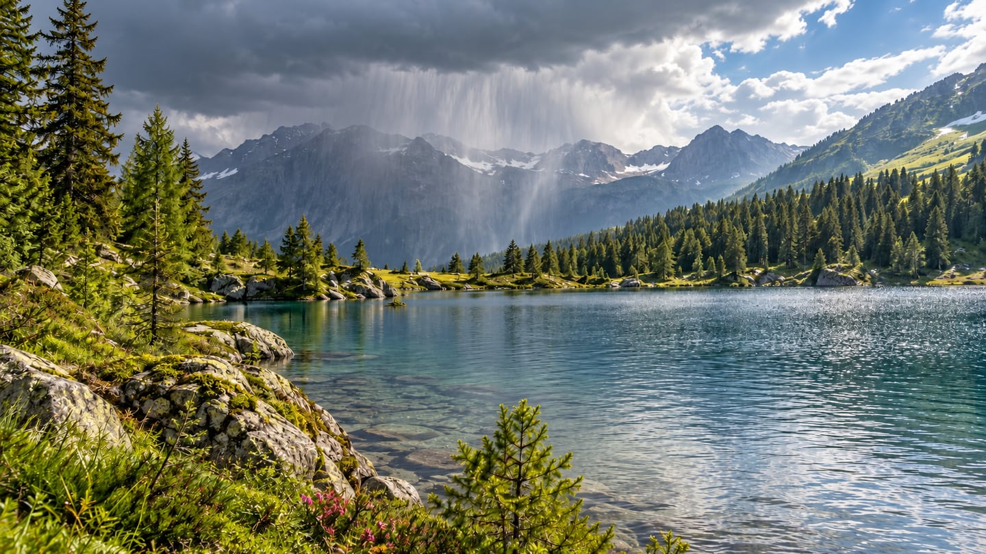 Alpiner See bei Arosa mit dunklem Regenschauer über dem entfernten Bergkamm und Sonne am (mit AI erstelltes Bild)