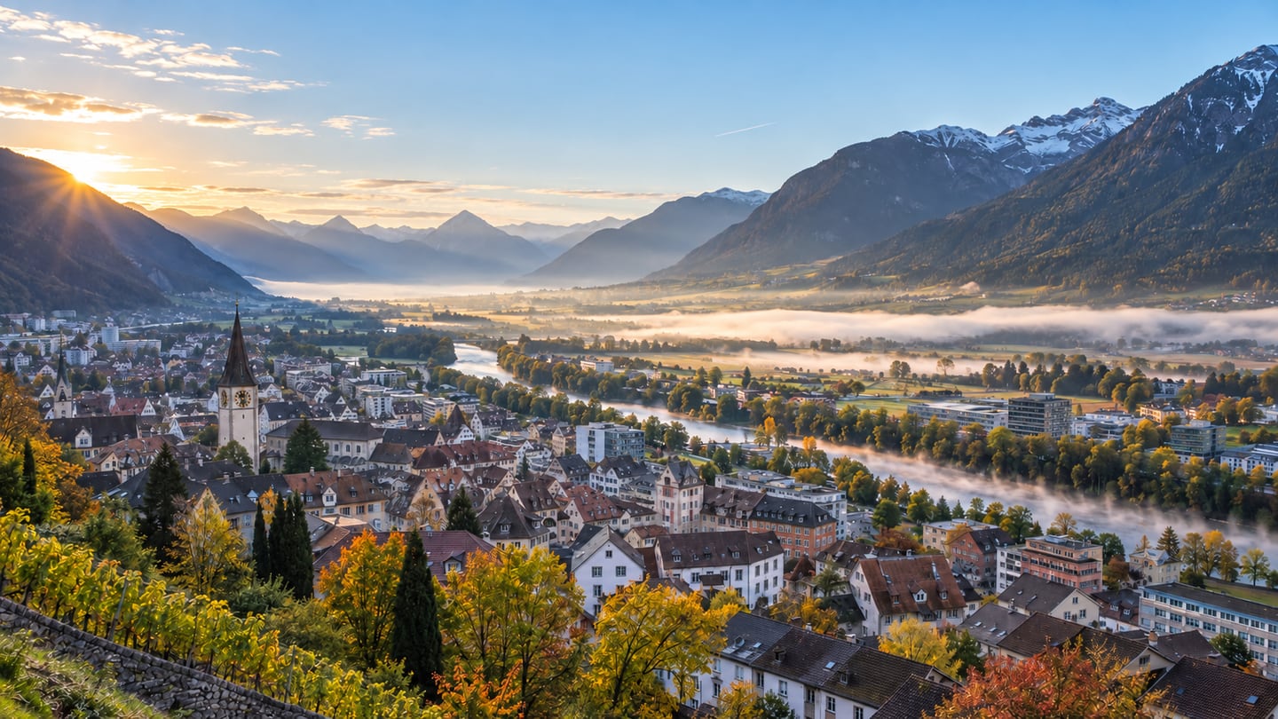 Blick über Chur und das Bündner Rheintal am frühen Morgen, während flacher Nebel über dem Talboden (mit AI erstelltes Bild)