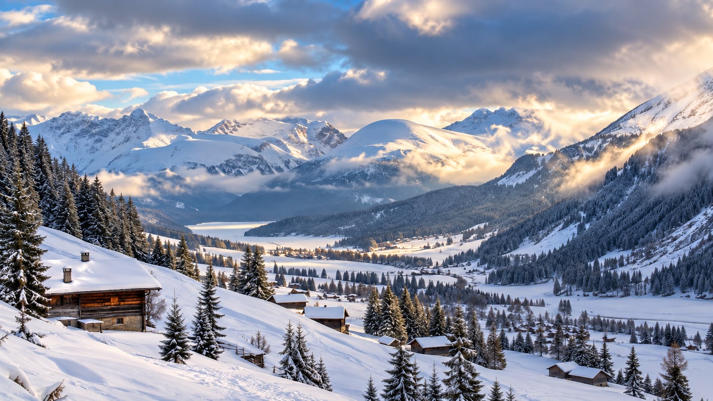 Verschneites Hochtal bei Davos mit Holzhäusern und aufbrechenden Wolken über den Bergrücken (mit AI erstelltes Bild)