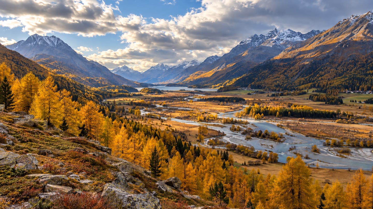 Weites Engadiner Tal im Herbst mit gelben Lärchen, Flussarmen und wechselnden Wolkenschatten (mit AI erstelltes Bild)