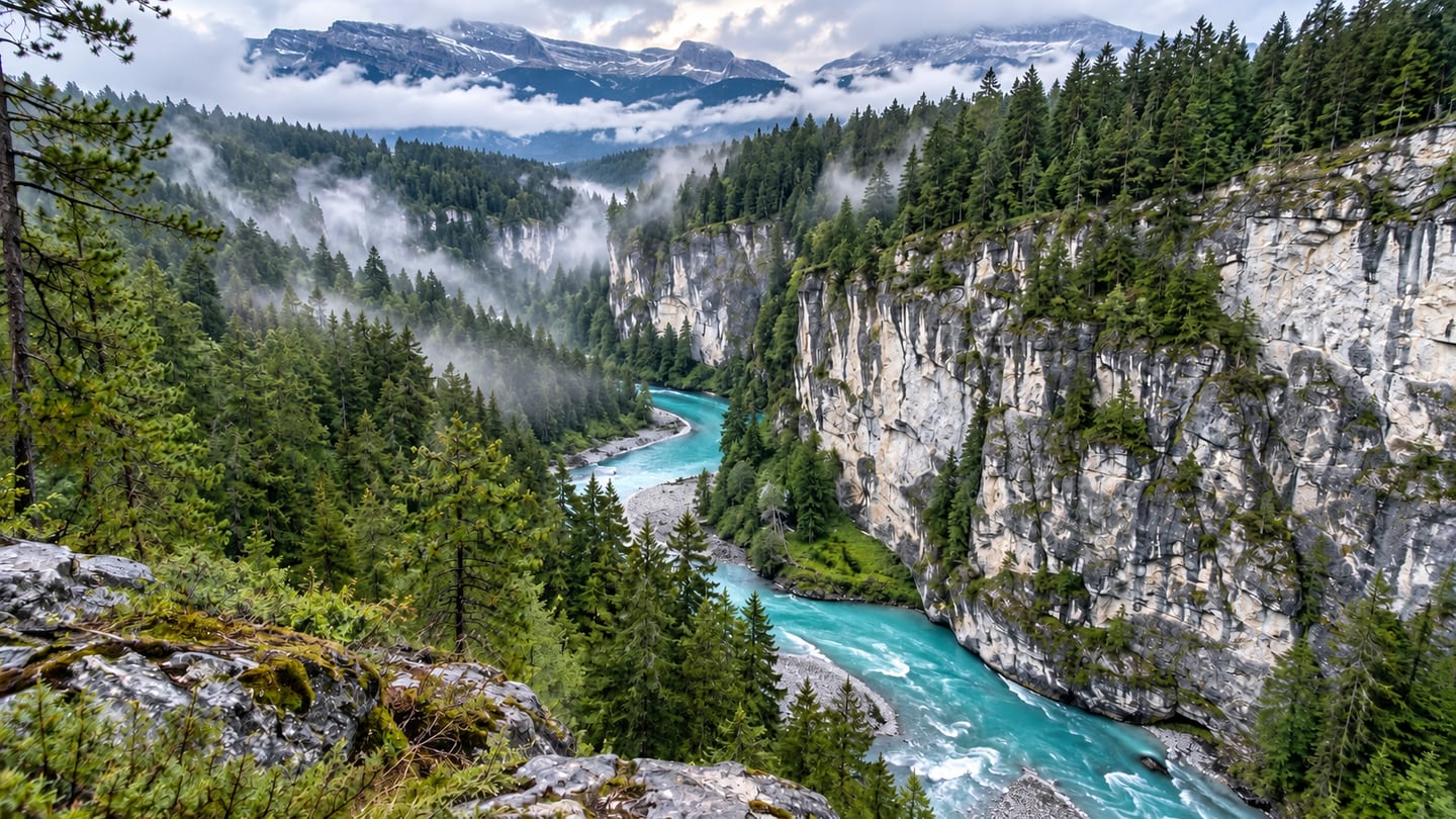 Türkisfarbener Fluss zwischen hellen Felswänden und nassem Nadelwald bei Flims und Laax (mit AI erstelltes Bild)