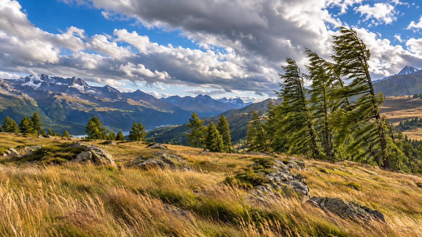 Windgebeugte Lärchen und bewegtes Gras auf einer offenen Hochfläche bei Lenzerheide (mit AI erstelltes Bild)