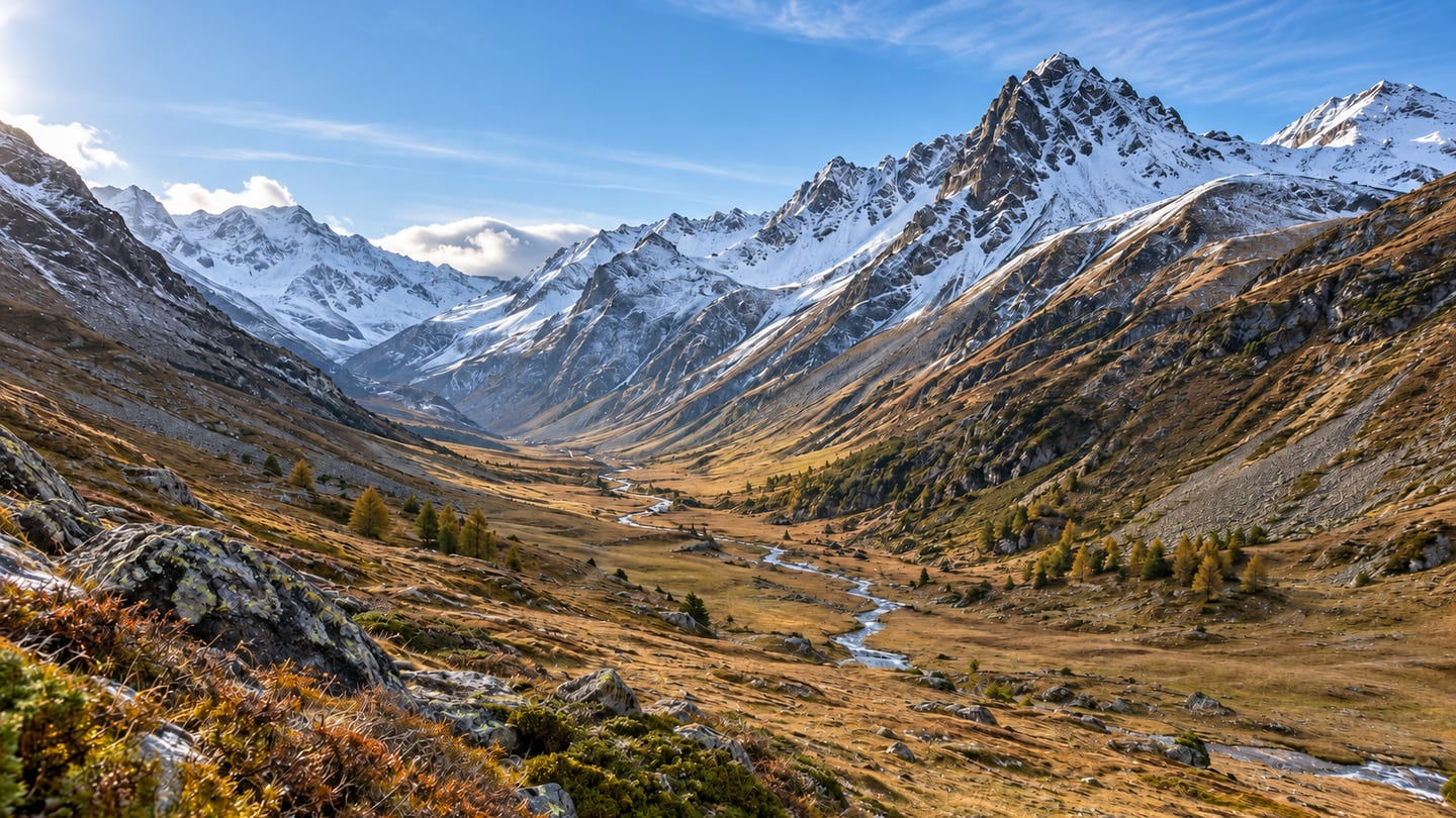 Schmales hochalpines Tal bei Samnaun im Spätherbst mit erstem Schnee auf den schattigen Gipfeln (mit AI erstelltes Bild)