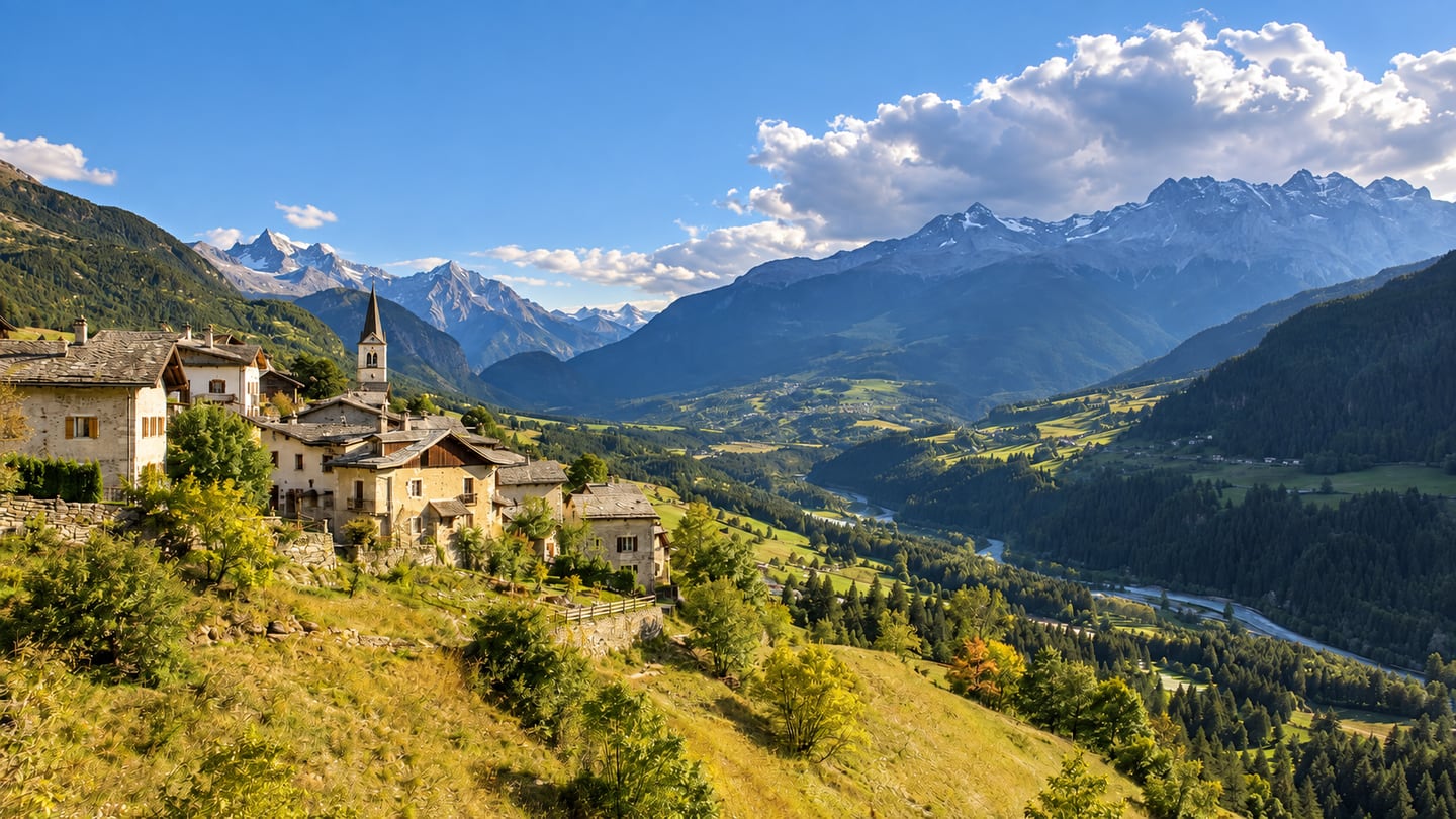 Sonniges Engadiner Bergdorf auf einem Hang bei Scuol mit wachsender Quellwolke über den fernen (mit AI erstelltes Bild)
