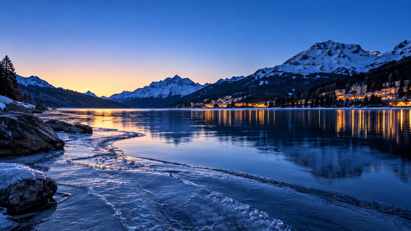 Seeufer bei St. Moritz vor Sonnenaufgang mit dünnem Eis, Bergsilhouetten und warmen Lichtern am (mit AI erstelltes Bild)