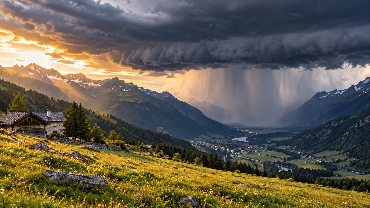 Dunkle Gewitterfront mit dichtem Niederschlag über einem Alpental, während eine Wiese im (mit AI erstelltes Bild)